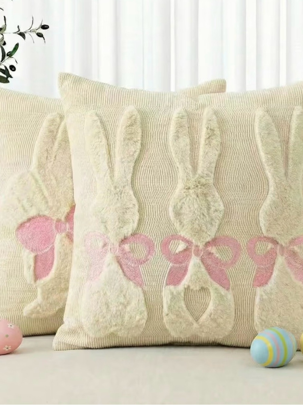 Plush Bunny Pillow Covers with Pink Bows